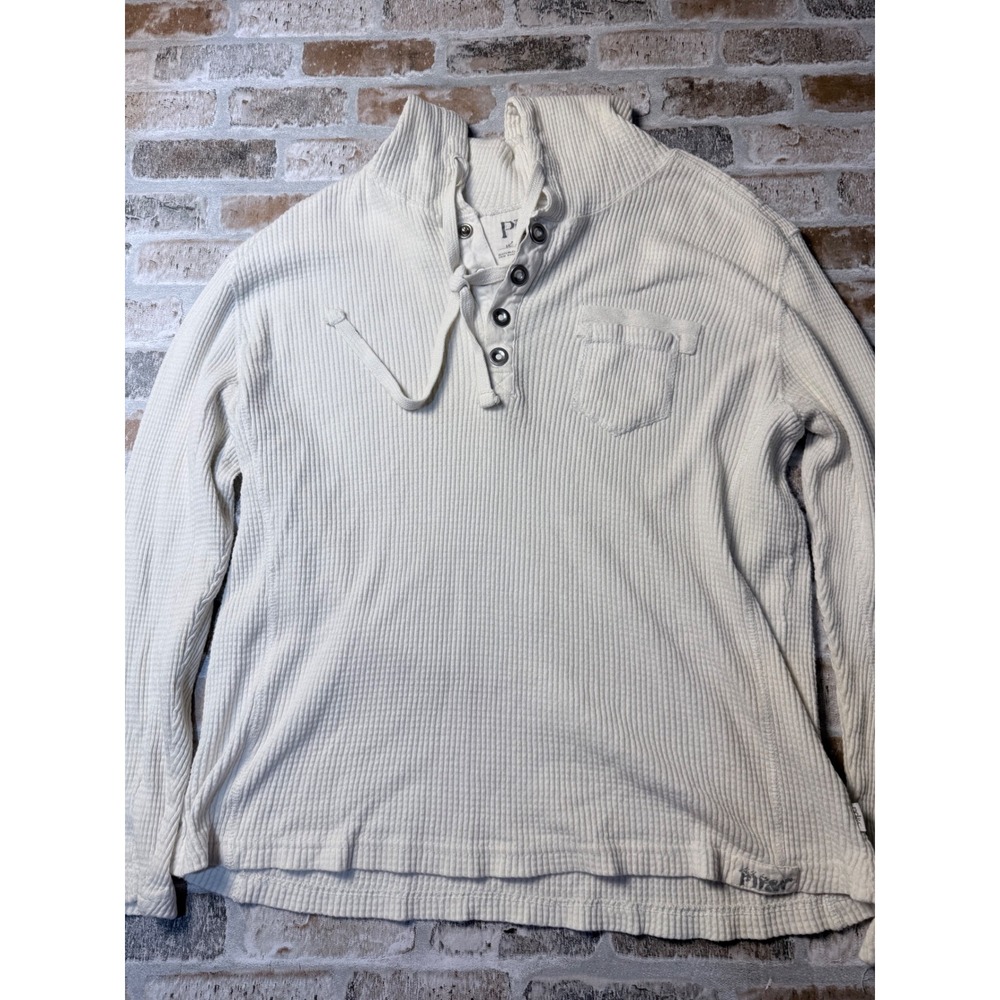 PD&C Mens XXL Cream Waffle Knit Thermal Hoodie Henley Long Sleeve Shirt 9135